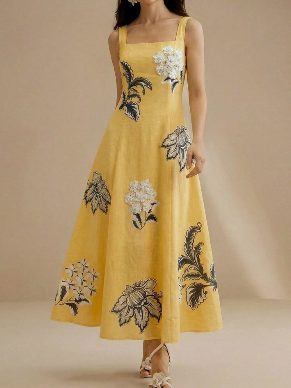 Yellow Elegant Women's Floral Print Spaghetti Strap Dress